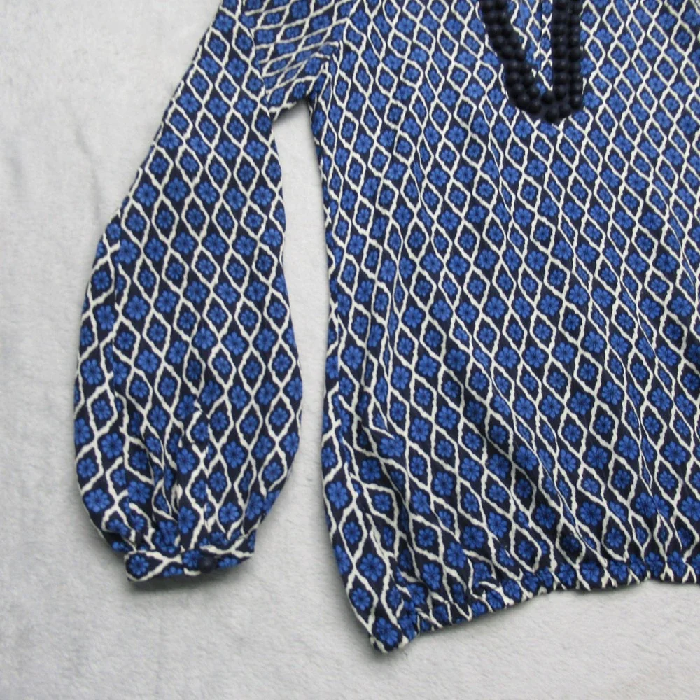 Tory Burch Silk‎ Blouse Womens 2 Blue Buttons Geometric Split Neck Tunic